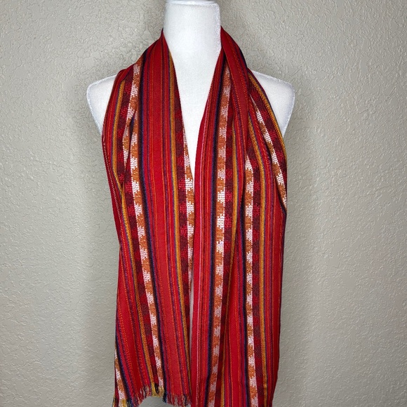 Red Blue Orange Peruvian Geometric Pattern Lightweight Woven Stripe Scarf Wrap - Picture 4 of 7